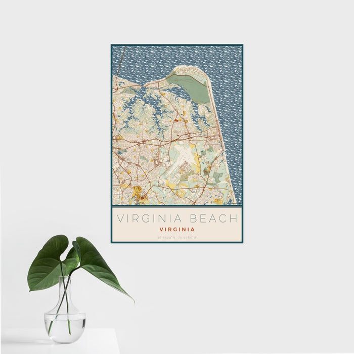 16x24 Virginia Beach Virginia Map Print Portrait Orientation in Woodblock Style With Tropical Plant Leaves in Water