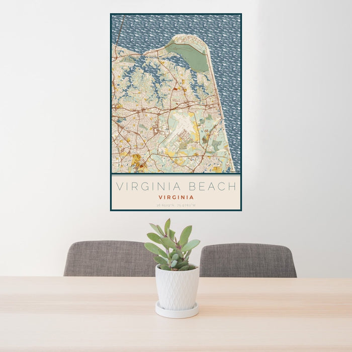 24x36 Virginia Beach Virginia Map Print Portrait Orientation in Woodblock Style Behind 2 Chairs Table and Potted Plant