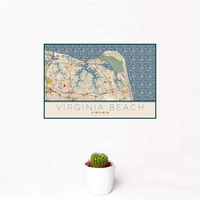 12x18 Virginia Beach Virginia Map Print Landscape Orientation in Woodblock Style With Small Cactus Plant in White Planter