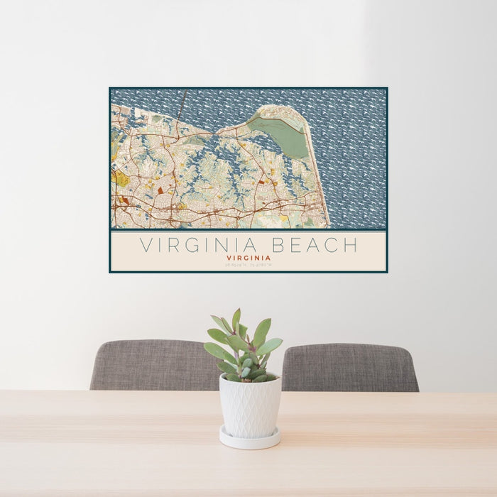 24x36 Virginia Beach Virginia Map Print Landscape Orientation in Woodblock Style Behind 2 Chairs Table and Potted Plant