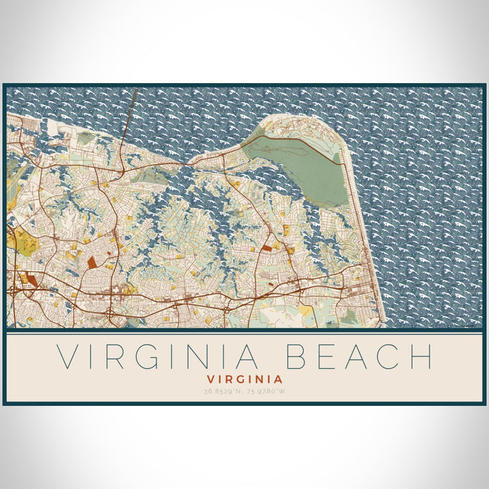 Virginia Beach Virginia Map Print Landscape Orientation in Woodblock Style With Shaded Background