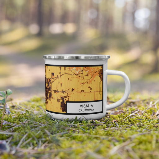 Right View Custom Visalia California Map Enamel Mug in Ember on Grass With Trees in Background