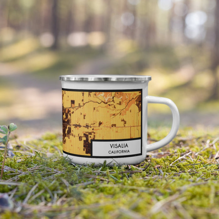 Right View Custom Visalia California Map Enamel Mug in Ember on Grass With Trees in Background