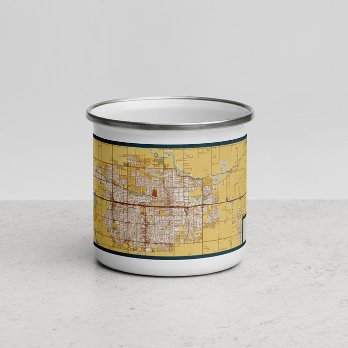 Front View Custom Visalia California Map Enamel Mug in Woodblock