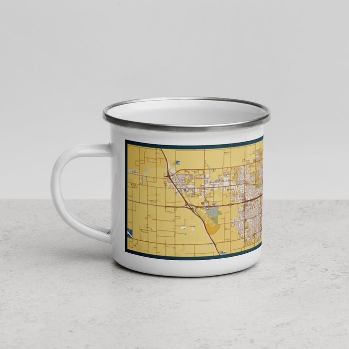 Left View Custom Visalia California Map Enamel Mug in Woodblock