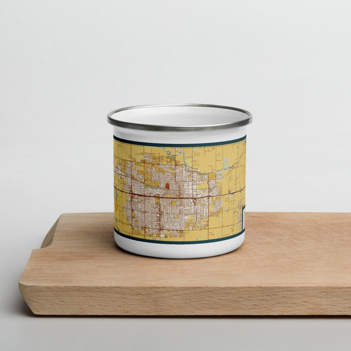 Front View Custom Visalia California Map Enamel Mug in Woodblock on Cutting Board