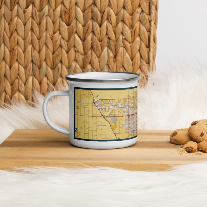 Left View Custom Visalia California Map Enamel Mug in Woodblock on Table Top