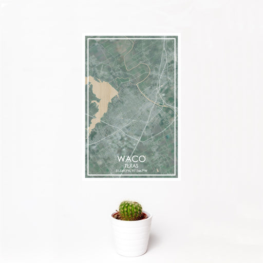12x18 Waco Texas Map Print Portrait Orientation in Afternoon Style With Small Cactus Plant in White Planter