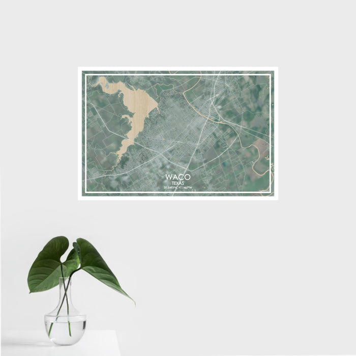 16x24 Waco Texas Map Print Landscape Orientation in Afternoon Style With Tropical Plant Leaves in Water