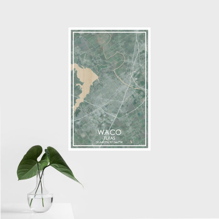 16x24 Waco Texas Map Print Portrait Orientation in Afternoon Style With Tropical Plant Leaves in Water
