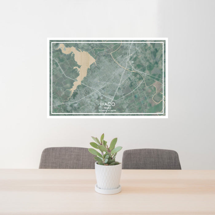 24x36 Waco Texas Map Print Lanscape Orientation in Afternoon Style Behind 2 Chairs Table and Potted Plant