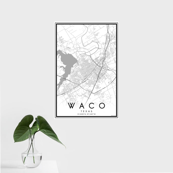 16x24 Waco Texas Map Print Portrait Orientation in Classic Style With Tropical Plant Leaves in Water
