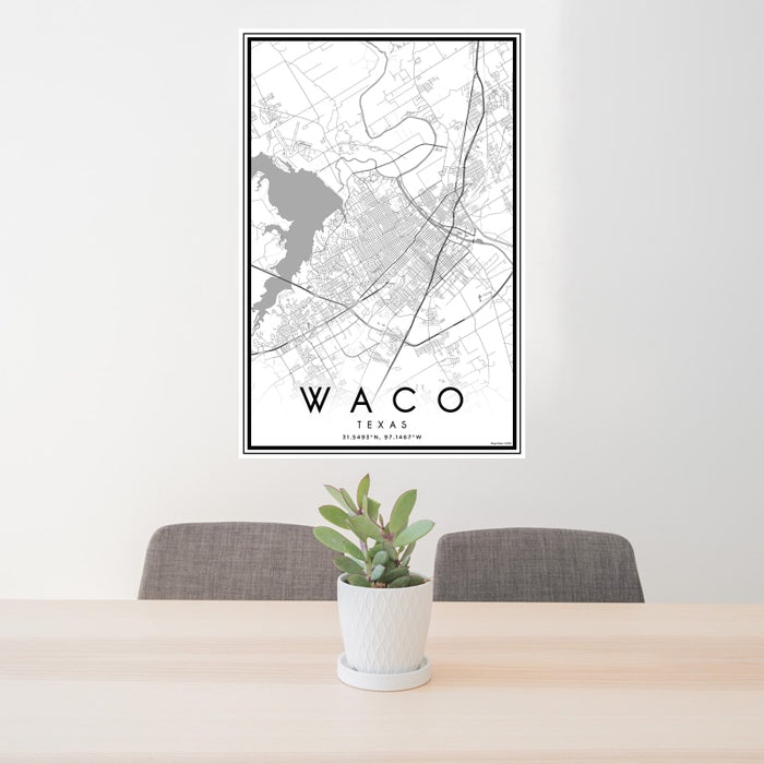 24x36 Waco Texas Map Print Portrait Orientation in Classic Style Behind 2 Chairs Table and Potted Plant