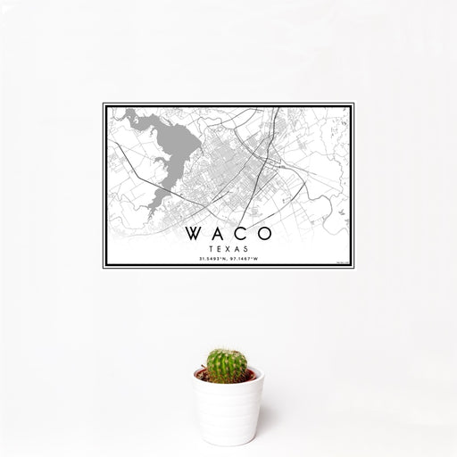 12x18 Waco Texas Map Print Landscape Orientation in Classic Style With Small Cactus Plant in White Planter
