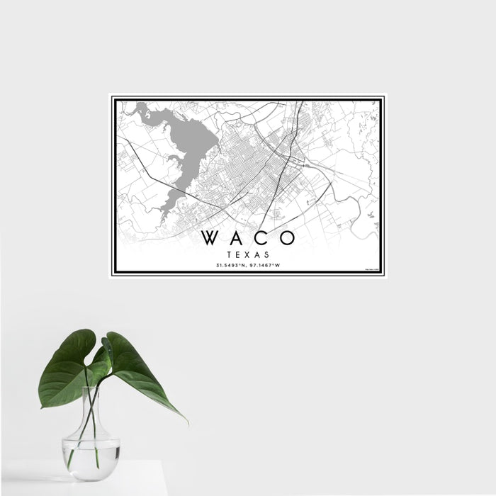 16x24 Waco Texas Map Print Landscape Orientation in Classic Style With Tropical Plant Leaves in Water