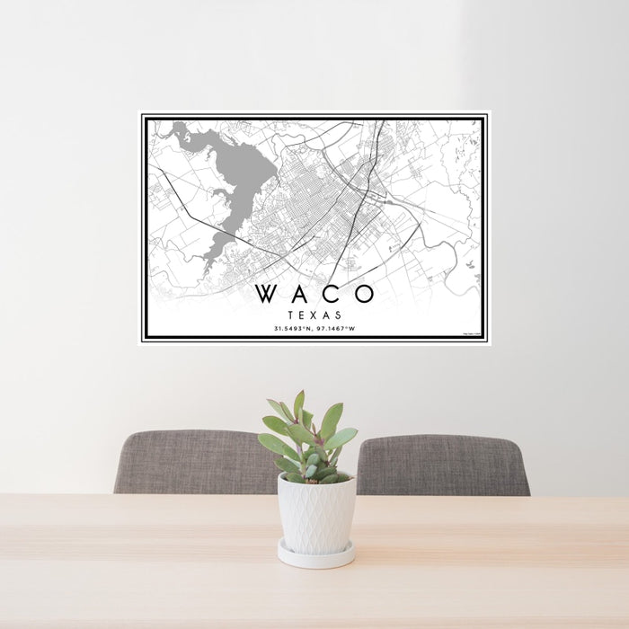 24x36 Waco Texas Map Print Landscape Orientation in Classic Style Behind 2 Chairs Table and Potted Plant