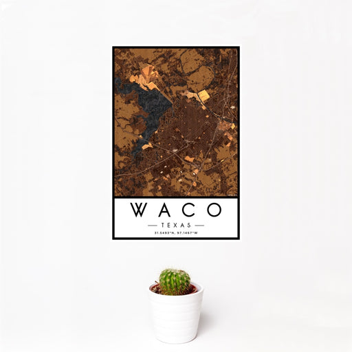 12x18 Waco Texas Map Print Portrait Orientation in Ember Style With Small Cactus Plant in White Planter