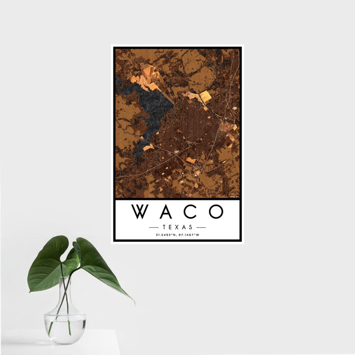 16x24 Waco Texas Map Print Portrait Orientation in Ember Style With Tropical Plant Leaves in Water