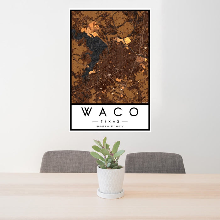 24x36 Waco Texas Map Print Portrait Orientation in Ember Style Behind 2 Chairs Table and Potted Plant