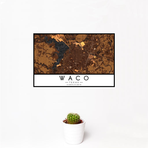 12x18 Waco Texas Map Print Landscape Orientation in Ember Style With Small Cactus Plant in White Planter