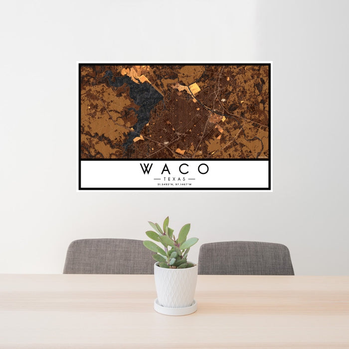 24x36 Waco Texas Map Print Landscape Orientation in Ember Style Behind 2 Chairs Table and Potted Plant