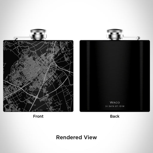 Rendered View of Waco Texas Map Engraving on 6oz Stainless Steel Flask in Black