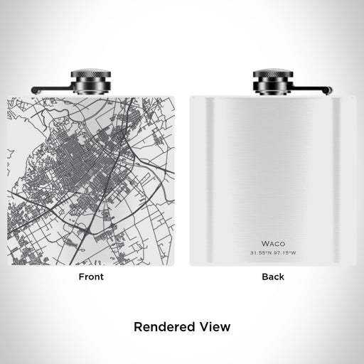 Rendered View of Waco Texas Map Engraving on 6oz Stainless Steel Flask in White