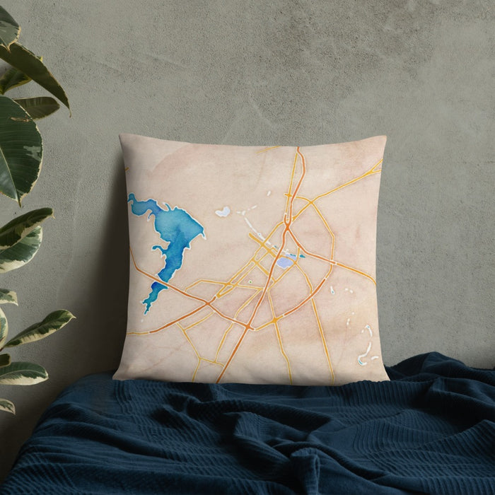 Custom Waco Texas Map Throw Pillow in Watercolor on Bedding Against Wall