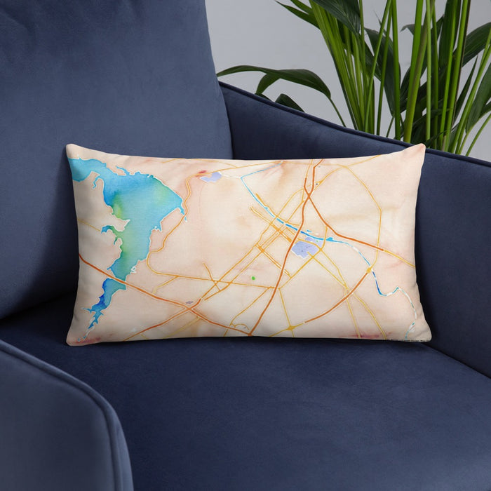 Custom Waco Texas Map Throw Pillow in Watercolor on Blue Colored Chair