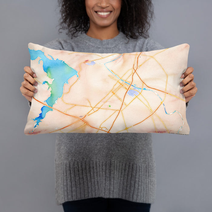 Person holding 20x12 Custom Waco Texas Map Throw Pillow in Watercolor