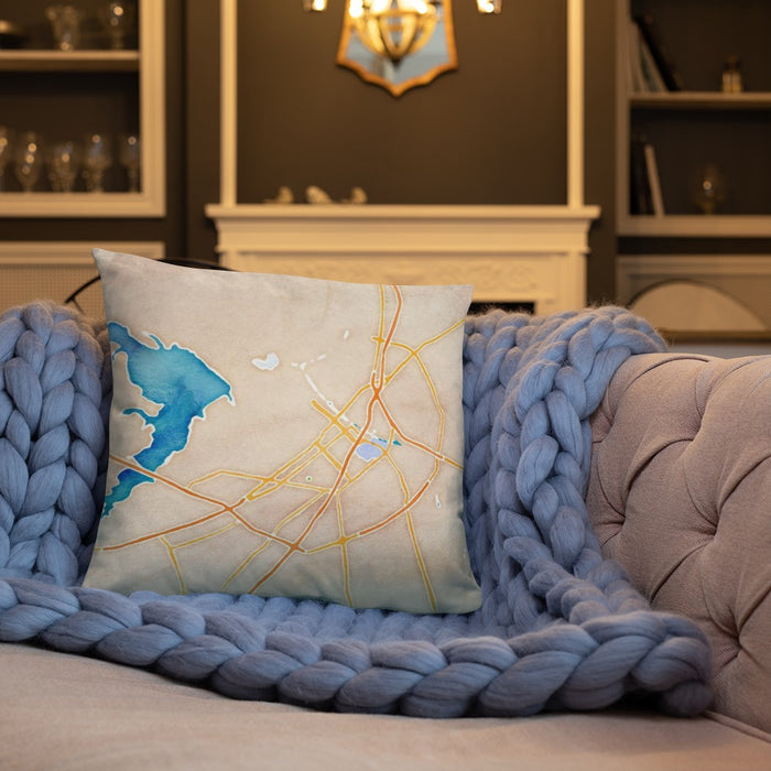 Custom Waco Texas Map Throw Pillow in Watercolor on Cream Colored Couch