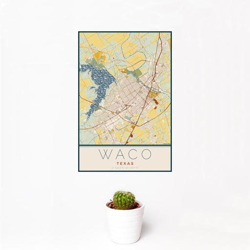 12x18 Waco Texas Map Print Portrait Orientation in Woodblock Style With Small Cactus Plant in White Planter