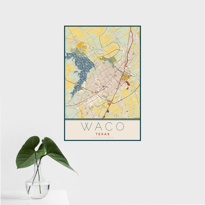 16x24 Waco Texas Map Print Portrait Orientation in Woodblock Style With Tropical Plant Leaves in Water