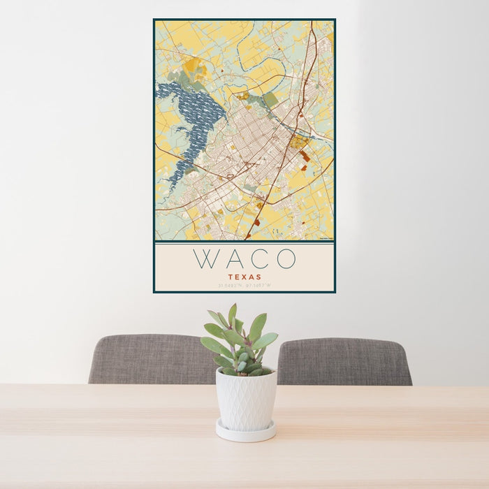 24x36 Waco Texas Map Print Portrait Orientation in Woodblock Style Behind 2 Chairs Table and Potted Plant