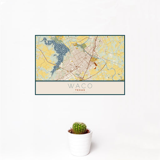 12x18 Waco Texas Map Print Landscape Orientation in Woodblock Style With Small Cactus Plant in White Planter