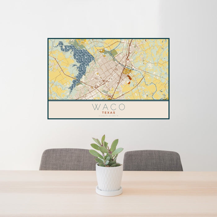24x36 Waco Texas Map Print Landscape Orientation in Woodblock Style Behind 2 Chairs Table and Potted Plant
