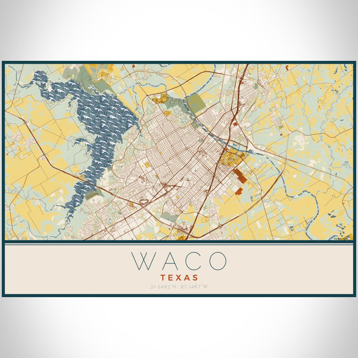 Waco Texas Map Print Landscape Orientation in Woodblock Style With Shaded Background