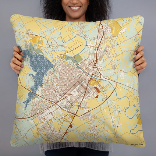Person holding 22x22 Custom Waco Texas Map Throw Pillow in Woodblock
