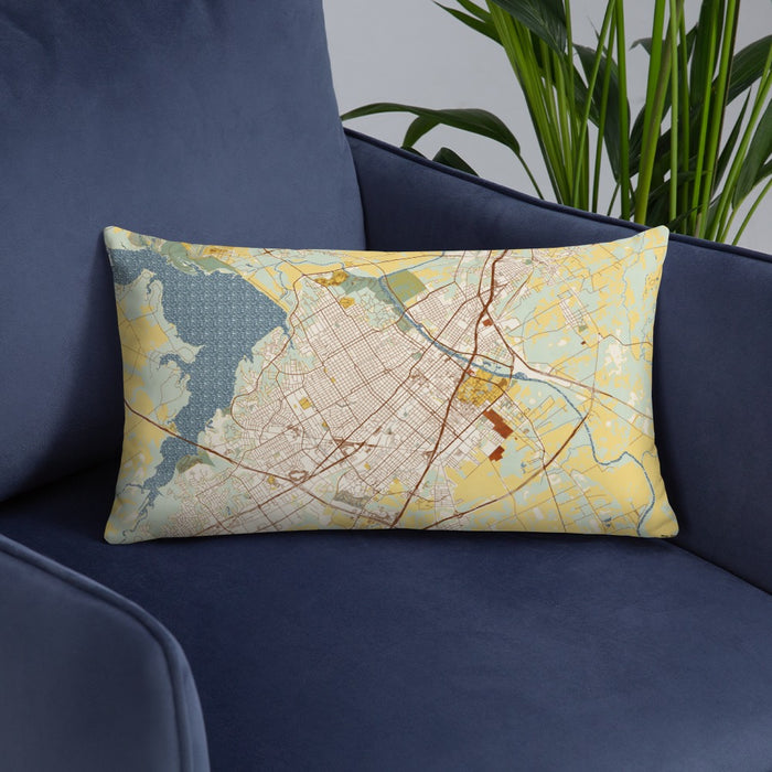 Custom Waco Texas Map Throw Pillow in Woodblock on Blue Colored Chair