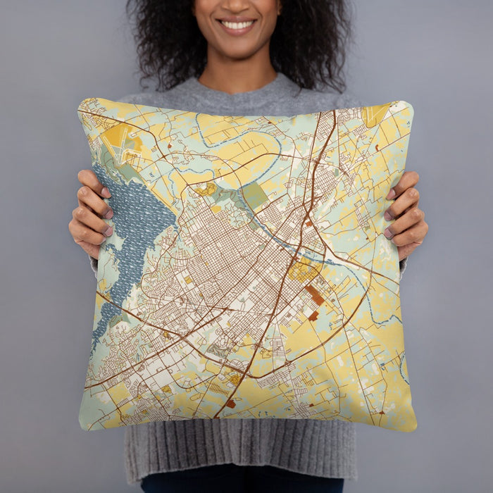 Person holding 18x18 Custom Waco Texas Map Throw Pillow in Woodblock