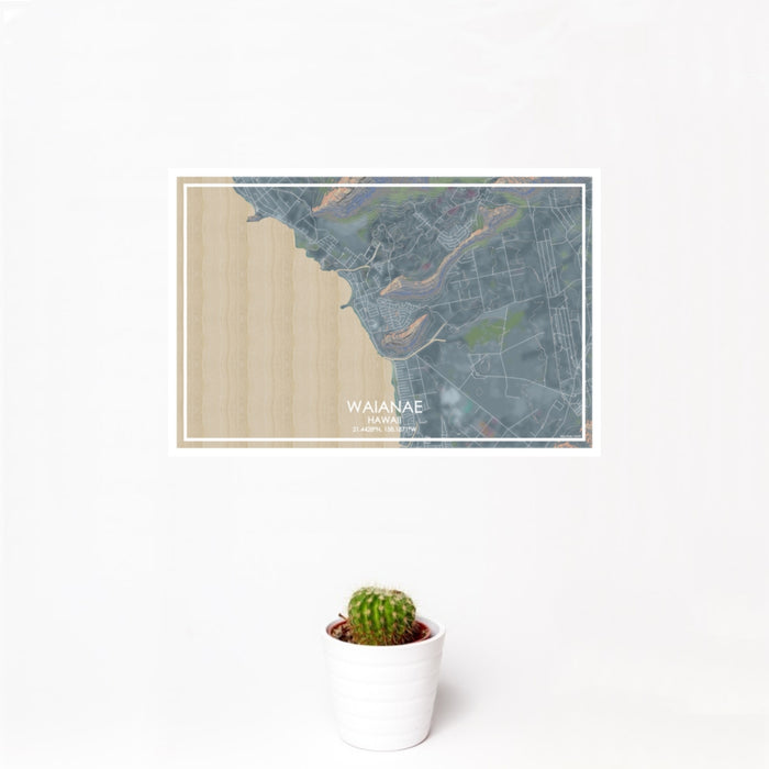 12x18 Waianae Hawaii Map Print Landscape Orientation in Afternoon Style With Small Cactus Plant in White Planter