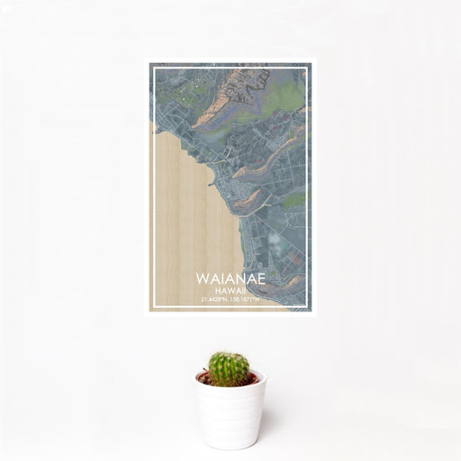 12x18 Waianae Hawaii Map Print Portrait Orientation in Afternoon Style With Small Cactus Plant in White Planter