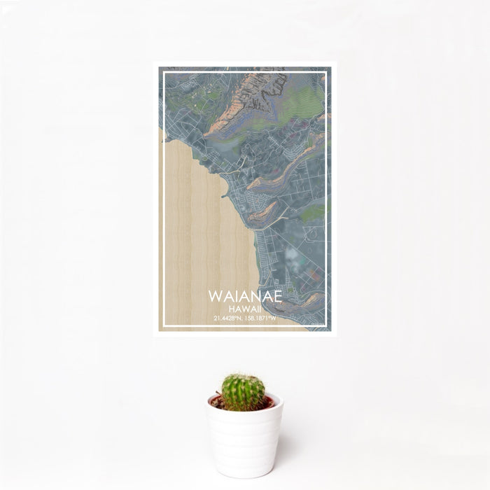 12x18 Waianae Hawaii Map Print Portrait Orientation in Afternoon Style With Small Cactus Plant in White Planter
