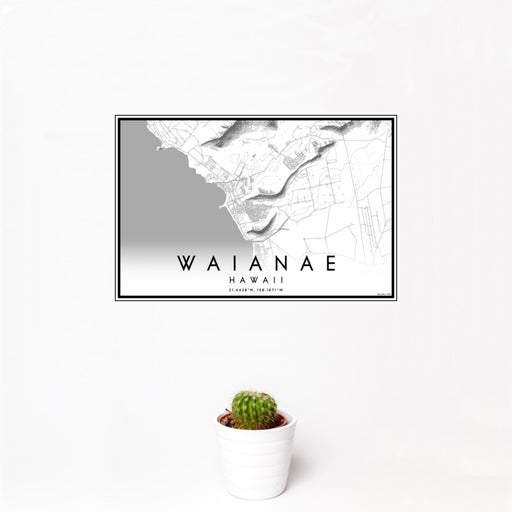 12x18 Waianae Hawaii Map Print Landscape Orientation in Classic Style With Small Cactus Plant in White Planter