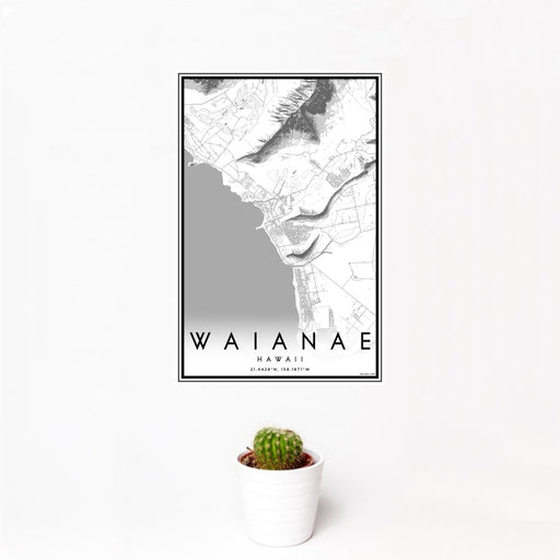 12x18 Waianae Hawaii Map Print Portrait Orientation in Classic Style With Small Cactus Plant in White Planter
