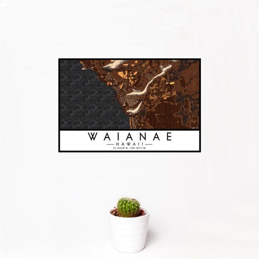 12x18 Waianae Hawaii Map Print Landscape Orientation in Ember Style With Small Cactus Plant in White Planter