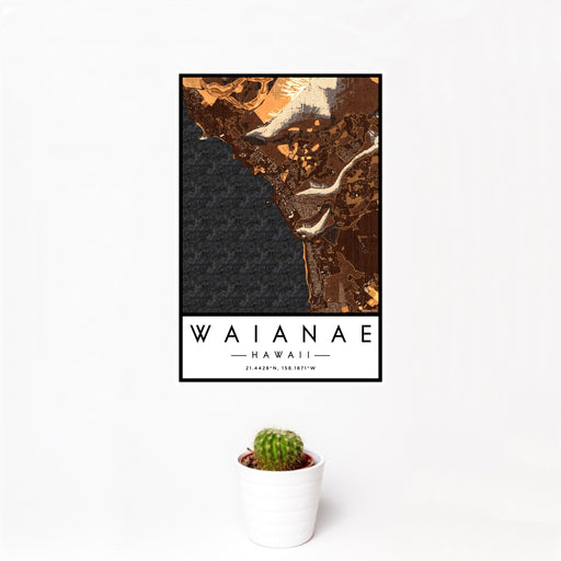 12x18 Waianae Hawaii Map Print Portrait Orientation in Ember Style With Small Cactus Plant in White Planter