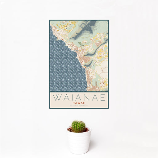 12x18 Waianae Hawaii Map Print Portrait Orientation in Woodblock Style With Small Cactus Plant in White Planter