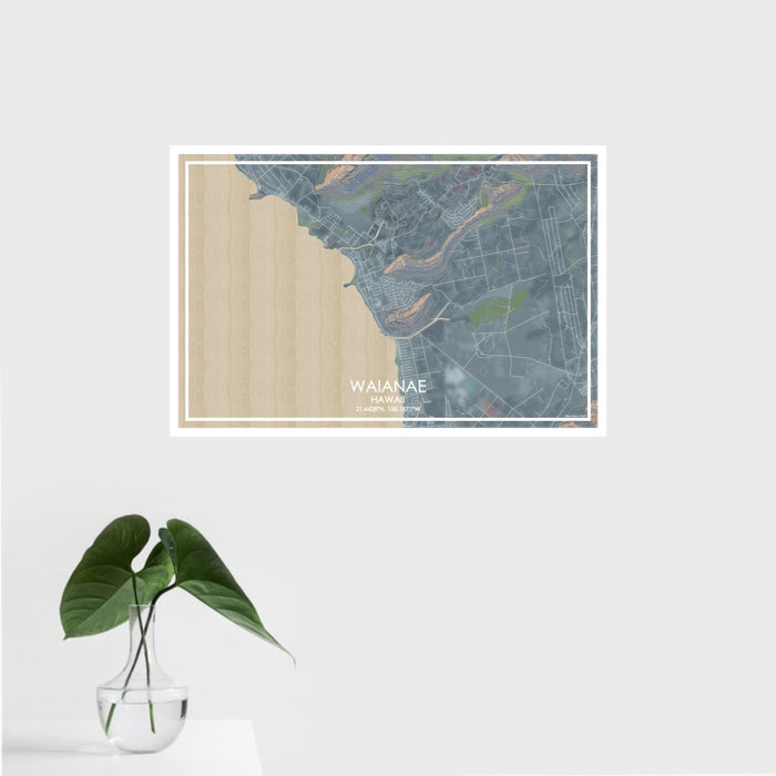 16x24 Waianae Hawaii Map Print Landscape Orientation in Afternoon Style With Tropical Plant Leaves in Water