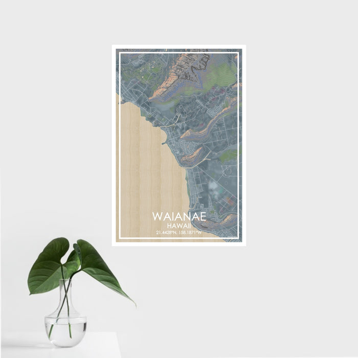 16x24 Waianae Hawaii Map Print Portrait Orientation in Afternoon Style With Tropical Plant Leaves in Water